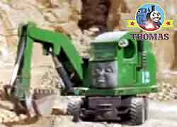 Thomas tank and friends character Alfie the green excavator job is at the Sodor Construction Company