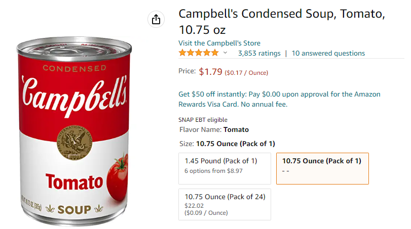 Amazon - Campbell's Condensed Tomato Soup, Snapshot on 3 September 2022