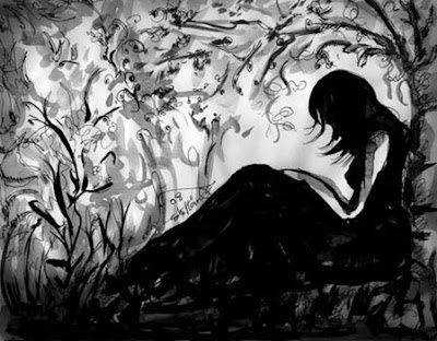 loose ink painting of a woman sitting alone under a tree with her head down