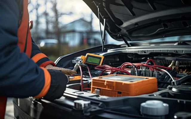 Car battery being checked with multimeter