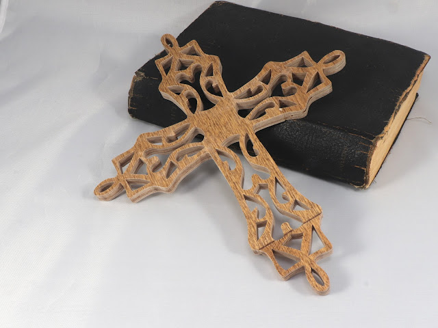 Wooden Cross, Handmade Rustic Filigree/Fretwork Cross made from New Reclaimed Unfinished Hardwood Flooring, Christian Wall Hanging Art