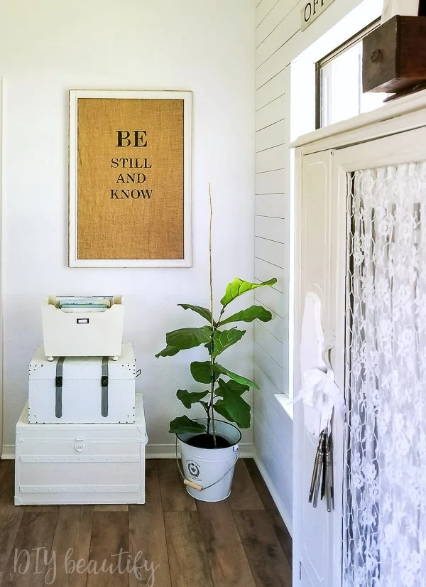 farmhouse office with painted, stacked trunks