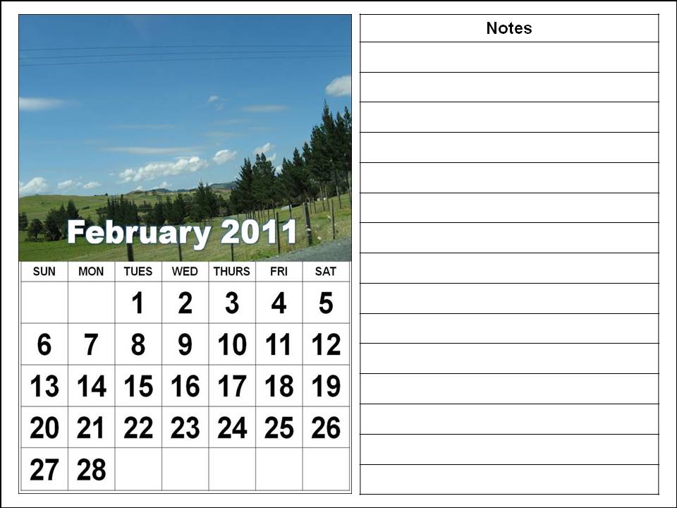 Printable February 2011 Calendar with big fonts and notes spaces