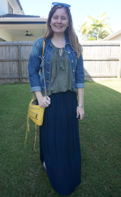 denim jacket, navy maxi skirt and olive embroidered tank with yellow crossbody bag | awayfromblue