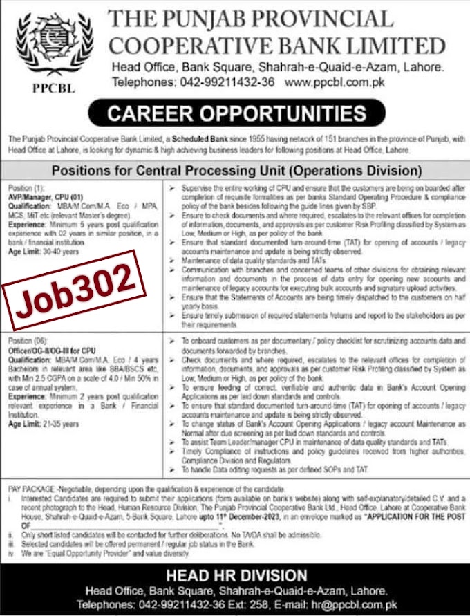 Punjab Provincial Cooperative Bank Limited (PPCBL) Today Job 