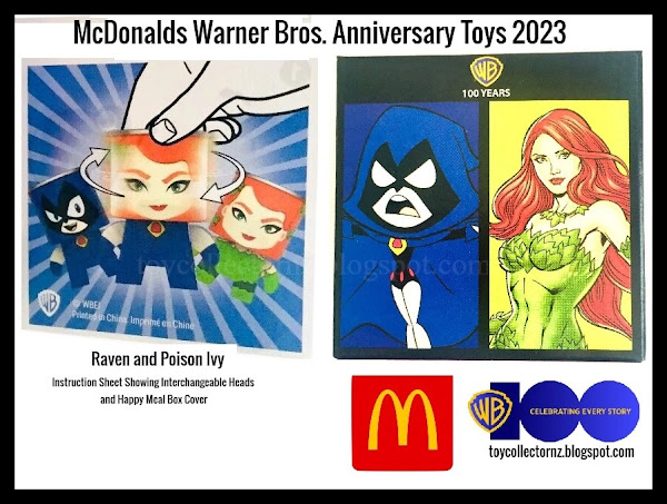McDonalds Warner Bros Anniversary Happy Meal Toys 2023 Raven and Poison Ivy Happy Meal Box and Instruction Sheet showing interchangeable heads diagram