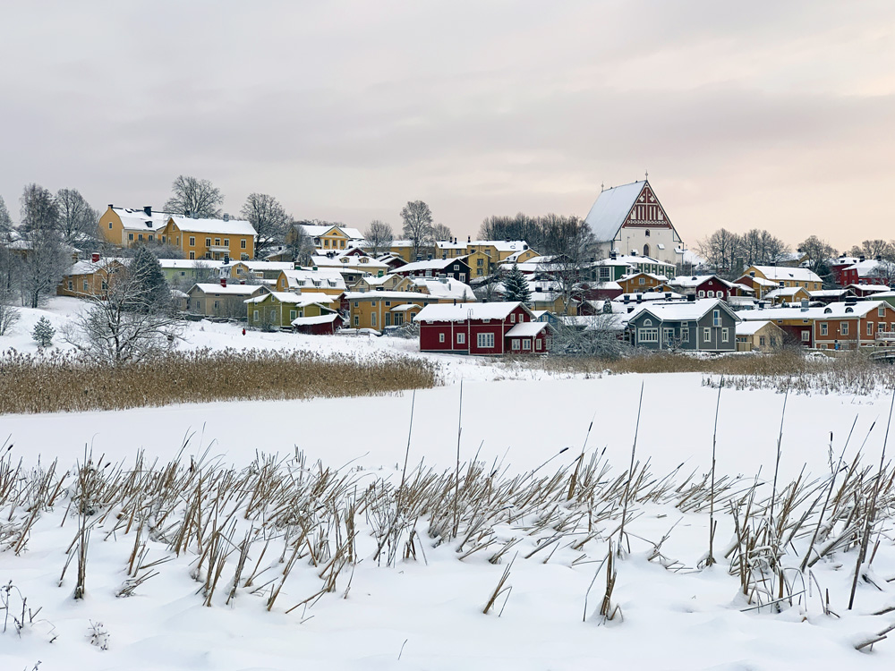 Snow on the bay and the colorful Porvoo Old Town