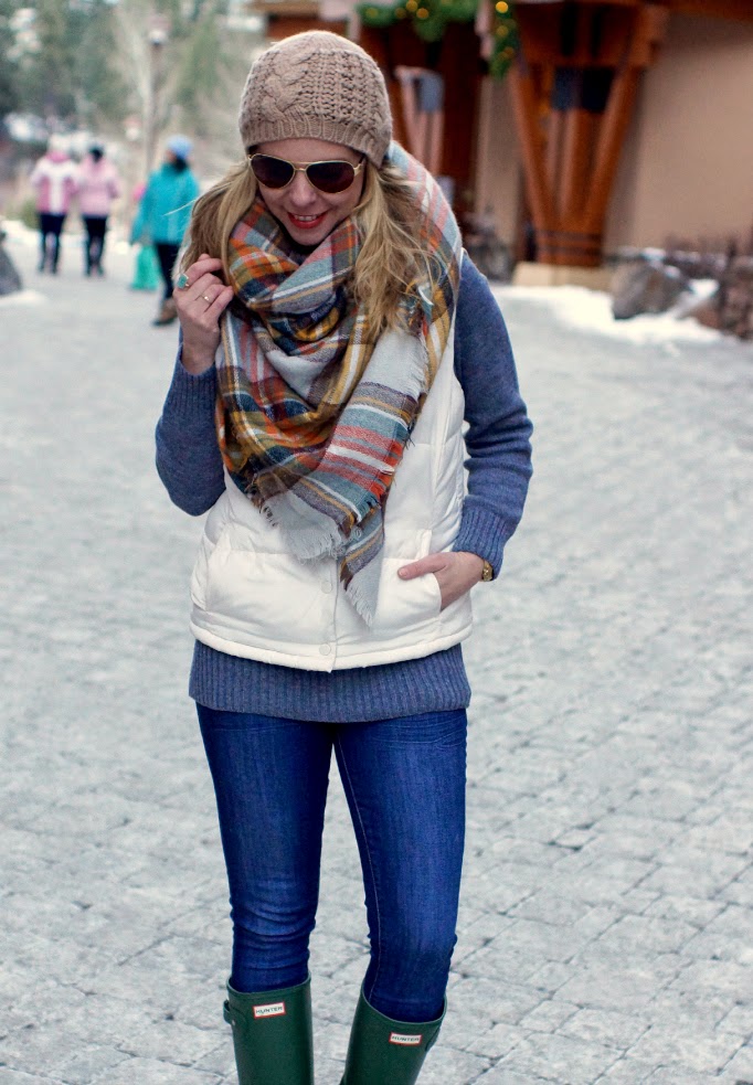 Plaid Blanket Scarf and Puffer Vest