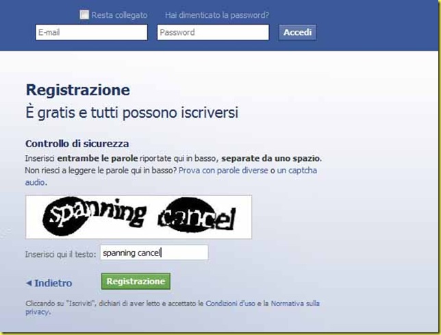 registrazione su facebook