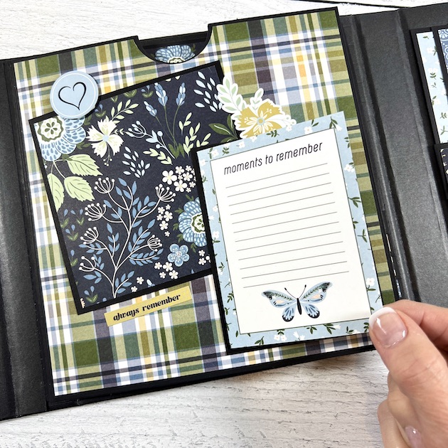 In Loving Memory Folio Album Scrapbook page with a big pocket, plaid paper, flowers, and a fold-out journaling card