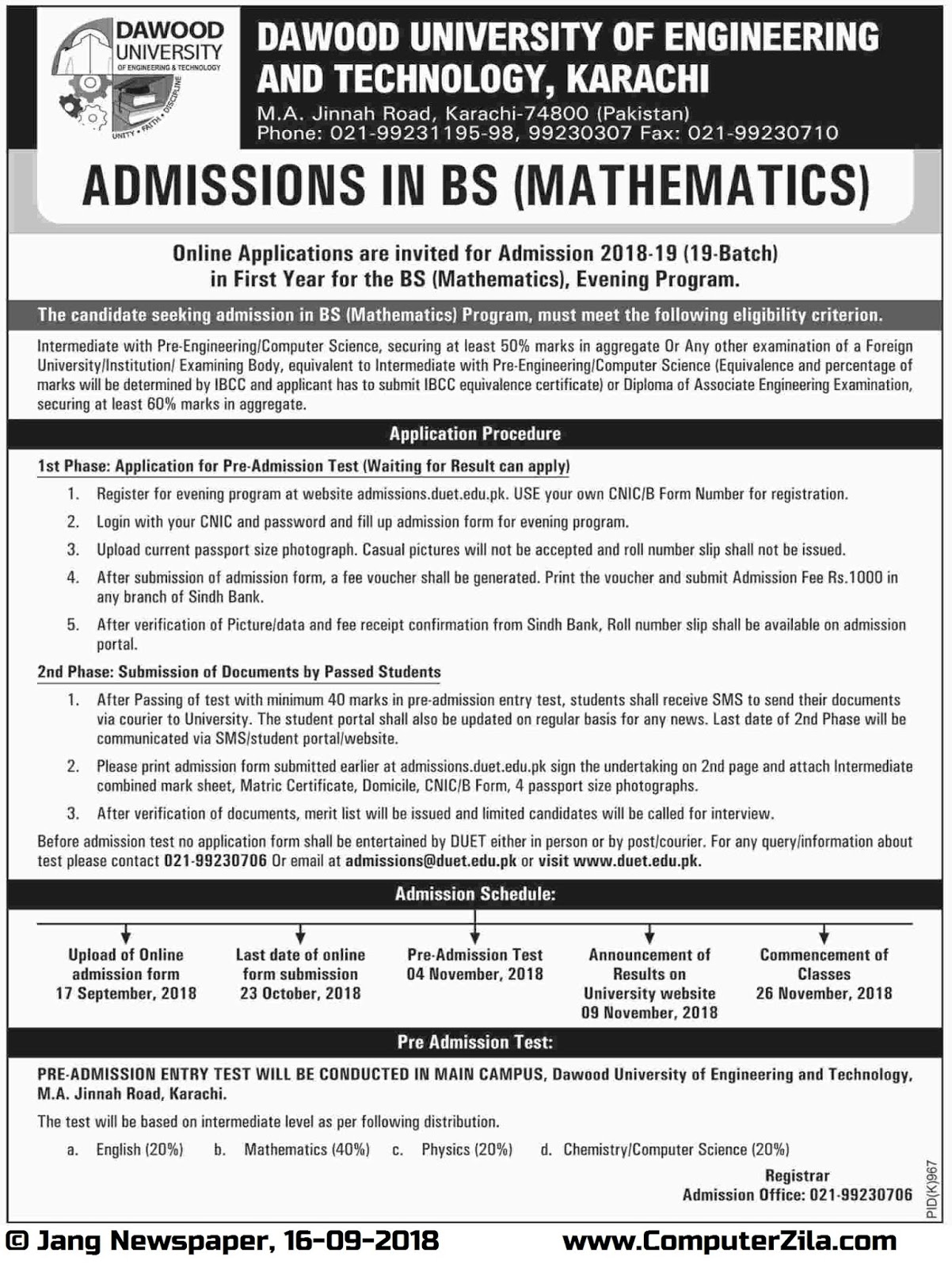 Admissions Open For Fall 2018 At DUET Karachi Campus