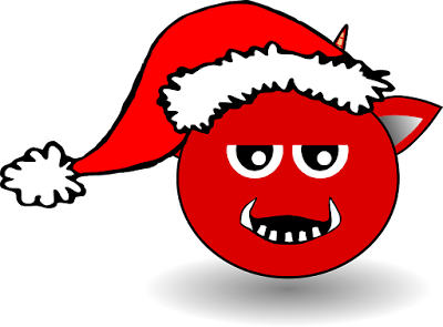 A cartoon tusked monster wearing a Santa Claus hat.