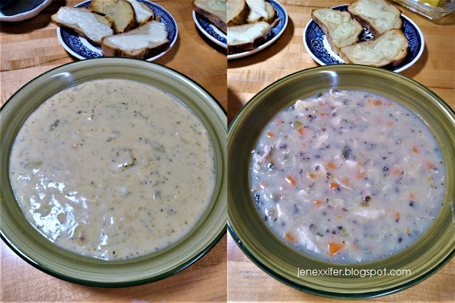 Soups (Broccoli Cheddar Soup; White Chicken & Wild Rice Soup) with sourdough bread topped with butter and cheese: