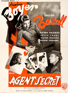 AGENT SECRET. Francia. Cartel: 58 x 79 cms. Diseño: Vincent Cristellys. AGENTE CONFIDENCIAL. Confidential Agent. 1945. Estados Unidos. Dirección: Herman Shumlin. Reparto: Charles Boyer, Lauren Bacall, Victor Francen, Wanda Hendrix, George Coulouris, Peter Lorre, Katina Paxinou, John Warburton, Holmes Herbert, Dan Seymour, Art Foster, Miles Mander, Lawrence Grant, Ian Wolfe, George Zucco.