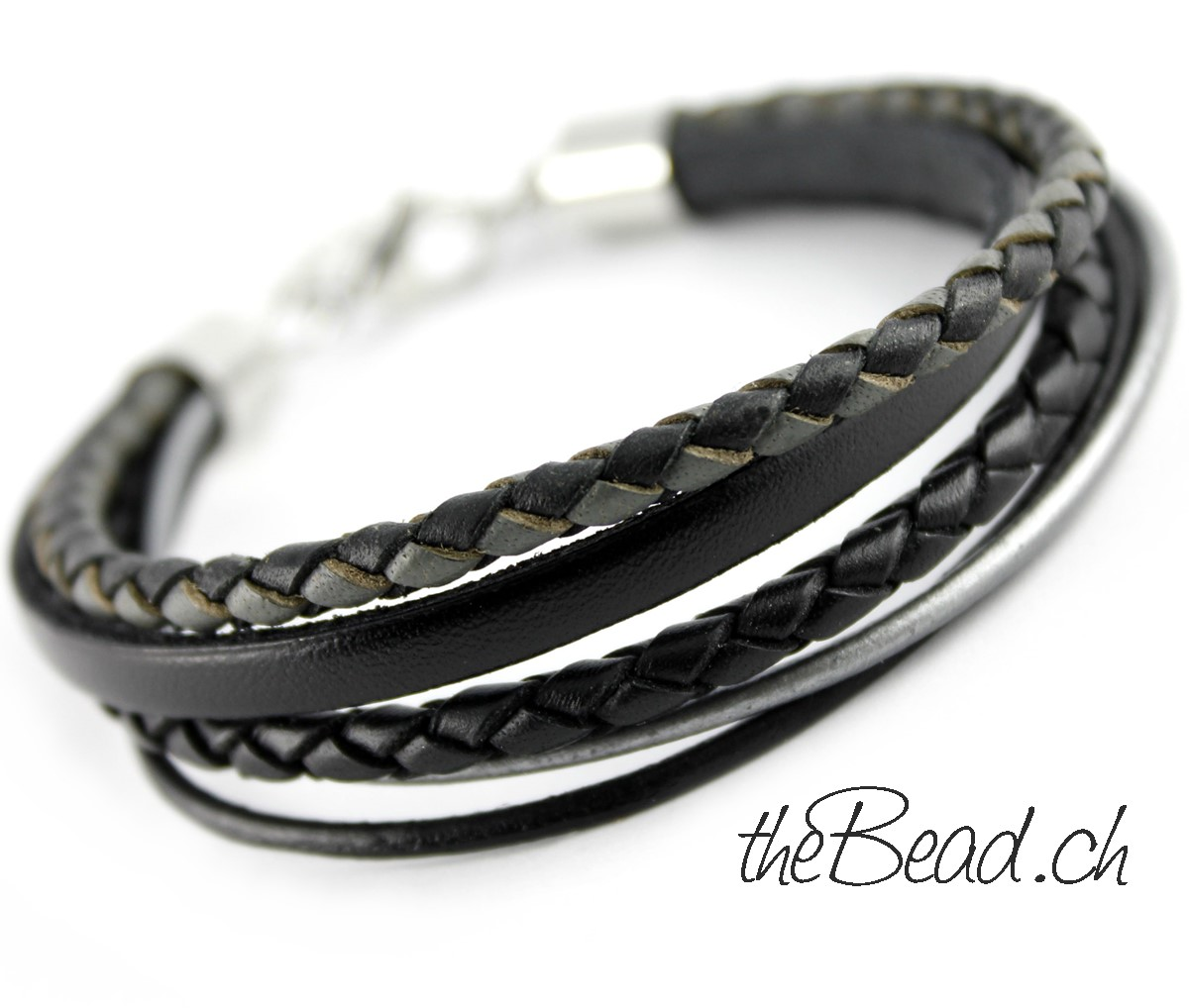 Geflochtenes und glattes Leder Armband für Herren verstellbar bei thebead 