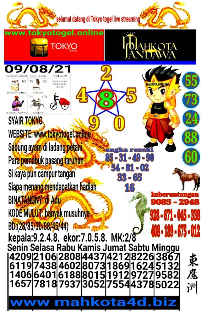 Syair Prediksi Tokyo Togel Senin, 09 - Agustus - 2021