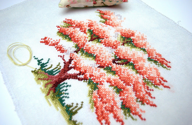 Blossoming Spring Cross Stitch Work in Progress, WIP, Sheila Hudson, The Ultimate Forest Friends Collection, Cherry Blossom