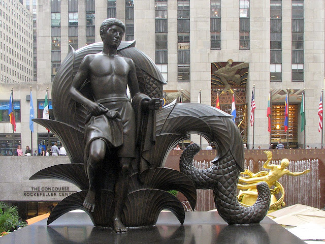 First human Youth made from clay by Prometheus, by Paul Manship, Rockefeller Center, New York