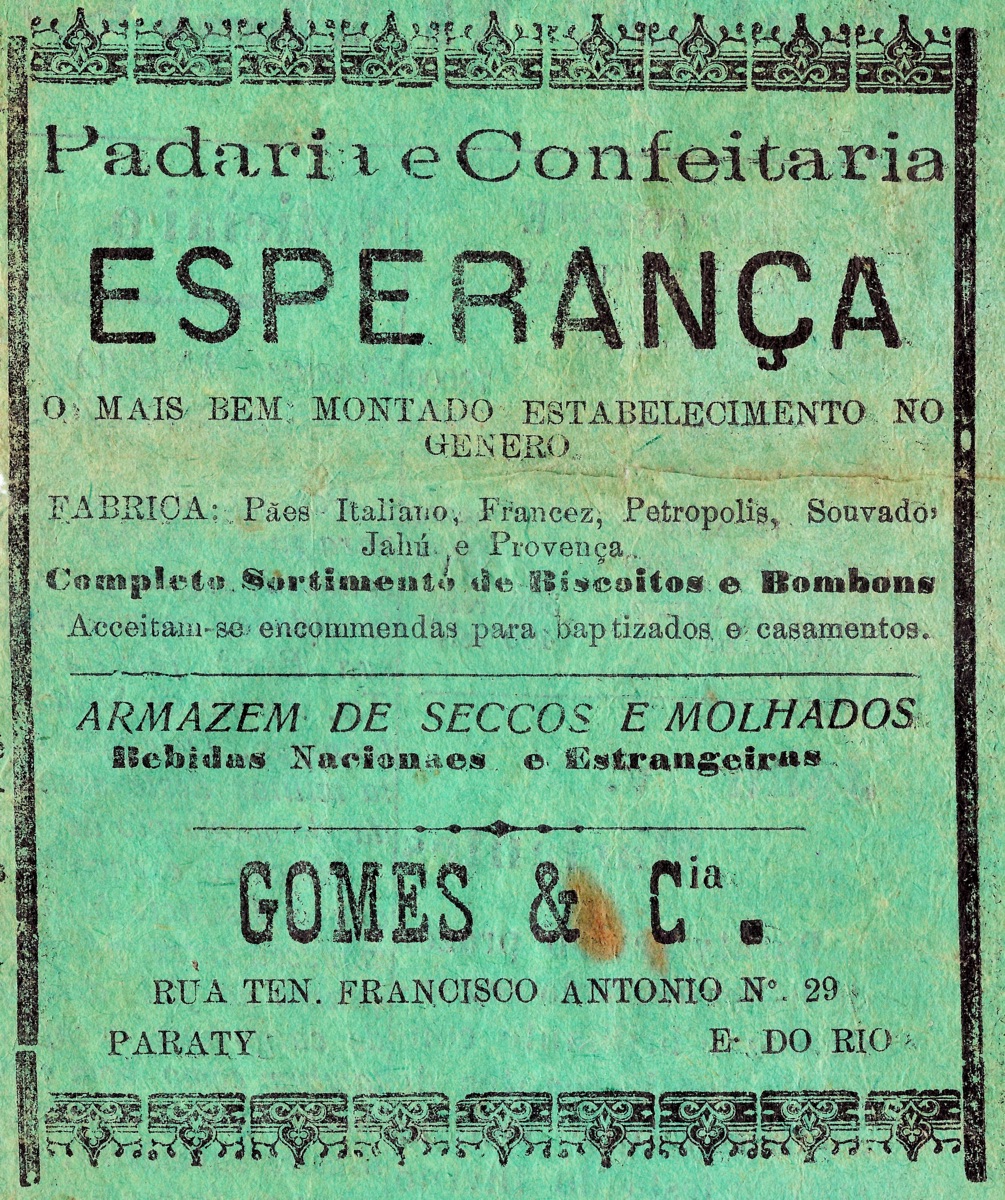 Propaganda antiga da Padaria e Confeitaria Esperança veiculada em 1932 na cidade de Paraty-RJ