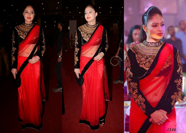 1346-South Indian actress Nikesha Patel in beautiful red designer net saree at SIIMA 2013