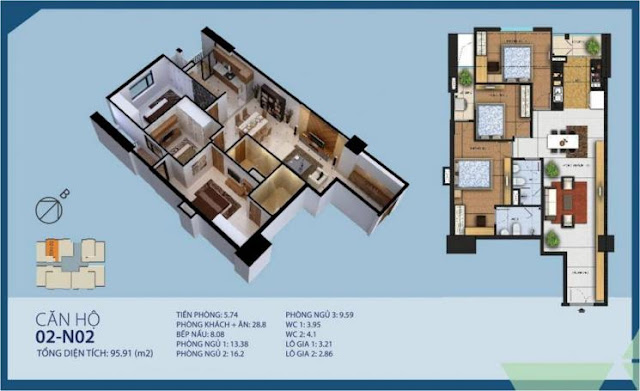 Diện tích : 95,91m2 ( 3 phòng ngủ, 2 vệ sinh )- căn hộ NO2-02