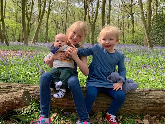 2 girls and a baby boy sitting on a log in front of bluebells in Wanstead park