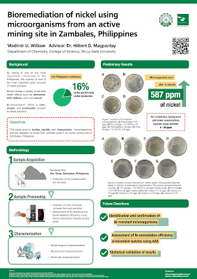 Poster titled, "Bioremidiation of nickel using microorganisms from an active mining site in Zambales, Philippines".