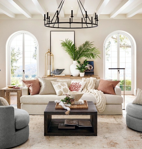 Coastal Living Room with Dark Modern Coffee Table