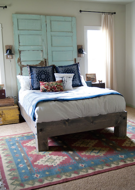 Master Bedroom Makeover - DIY Headboard & Bed, vintage Decor, yard sale finds, salvaged wall sconces, hand sewn pillows