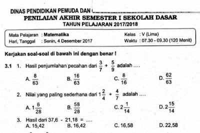 Download soal UAS atau soal evaluasi simpulan semester  Soal Ulangan Matematika Kelas 5 Semester 1 K-13