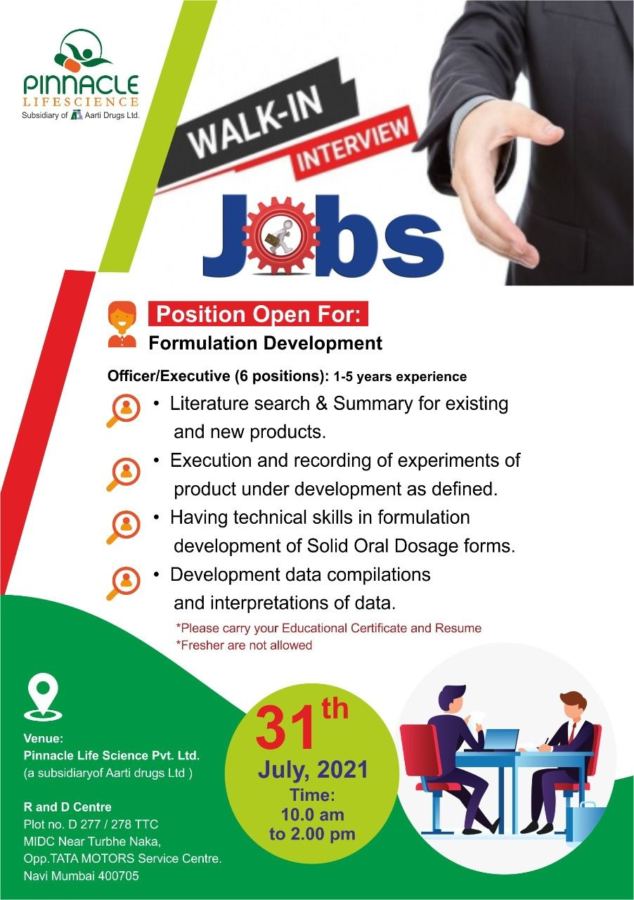 Job Availables, Pinnacle Life Science Walk In Interview for Formulation Development Scientists