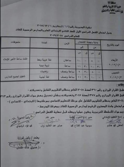 جداول إمتحانات الترم الاول بمحافظة قنا 2019 جميع المراحل (إبتدائى وإعدادى وثانوى)