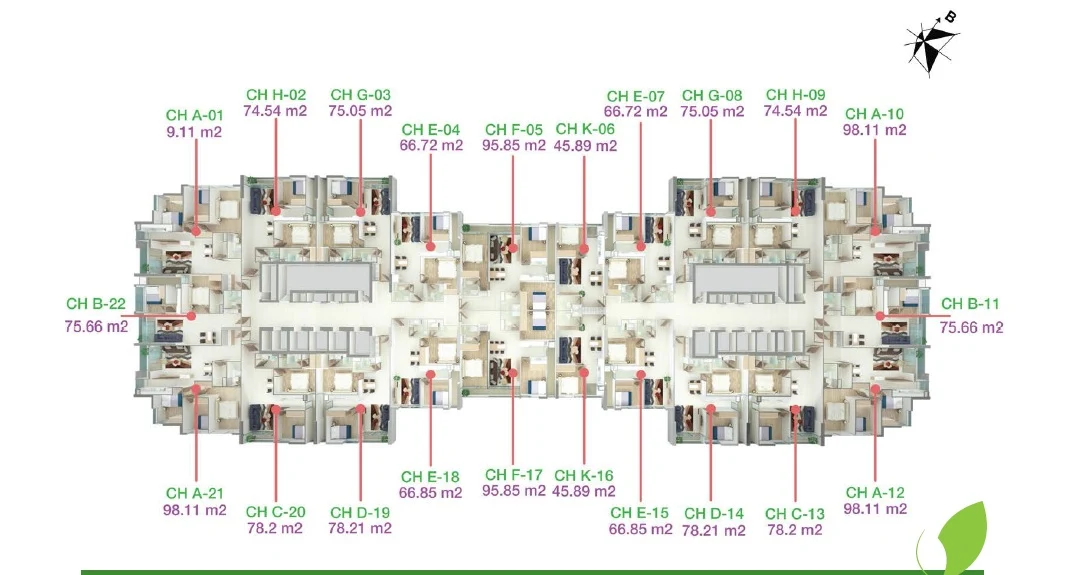 Eco Dream được thiết kế với diện tích: 45 - 66 - 74 - 75 - 78 - 94 - 98m2