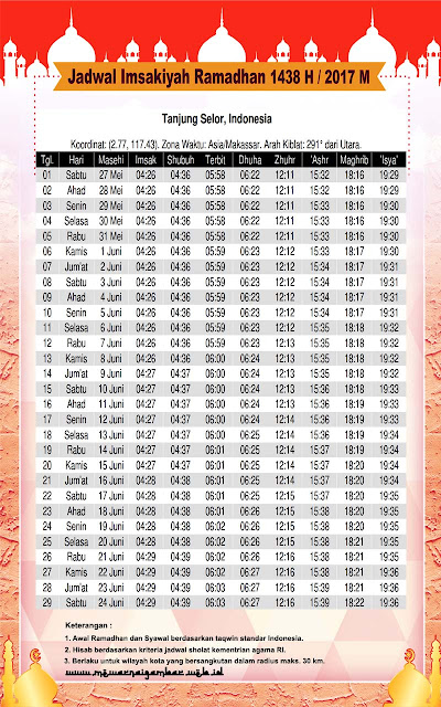 Jadwal Imsakiyah Tanjung Selor 1438 H