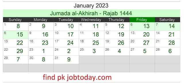 Islamic Calendar 2023 January