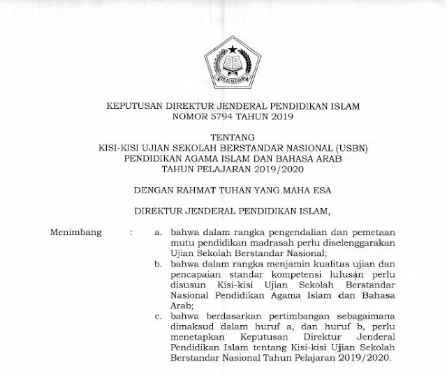 Kisi-Kisi USBN PAI dan Bahasa Arab 2019/2020 (MI, MTs, MA)