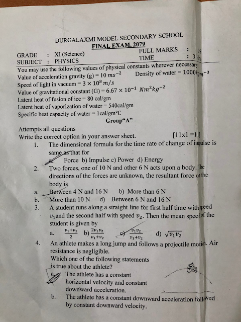 Class 11 Physics Question Paper 2079 - 2022