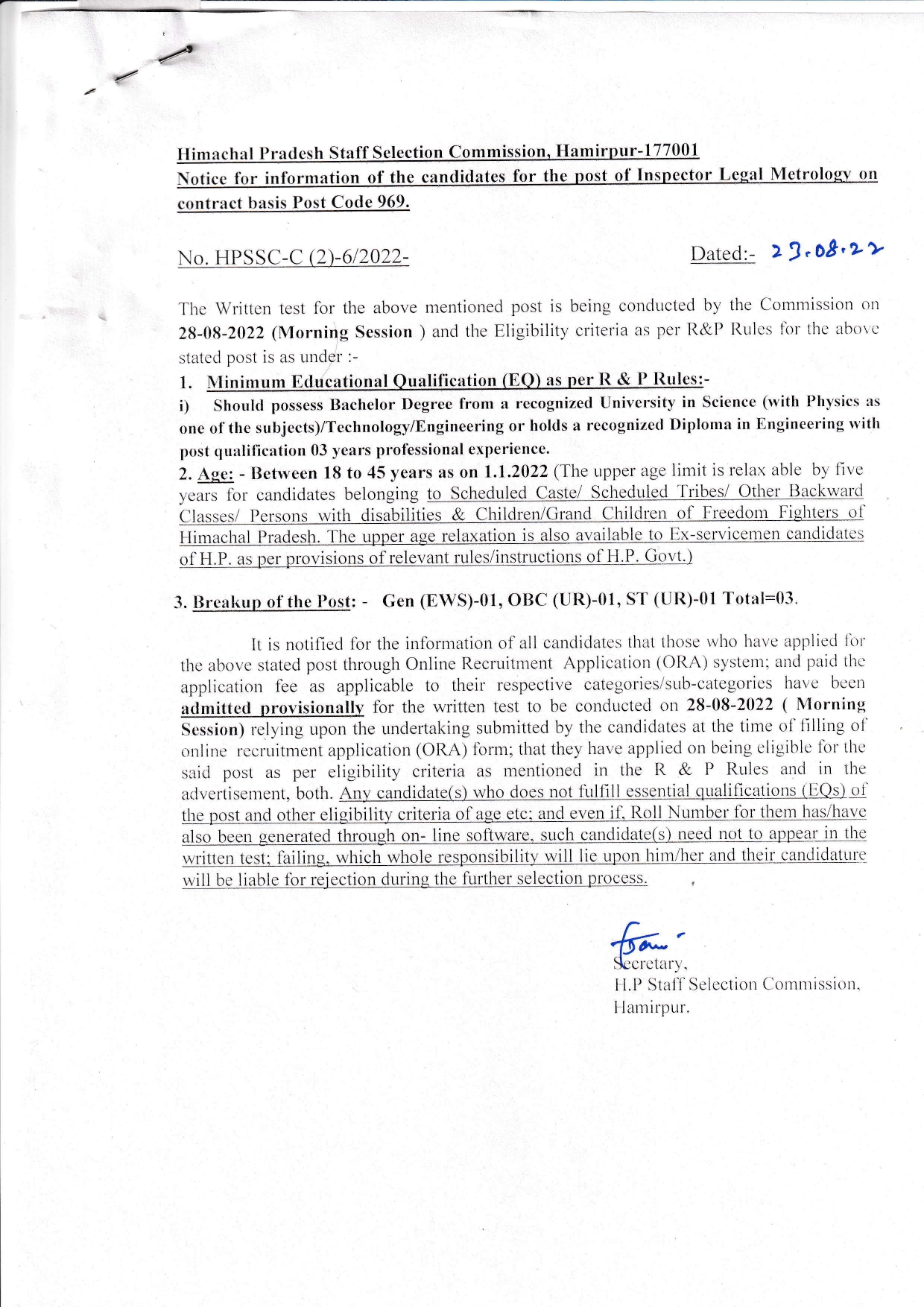 Important Notice For The Post of Inspector Legal Metrology Post Code:969:-HPSSC Hamirpur