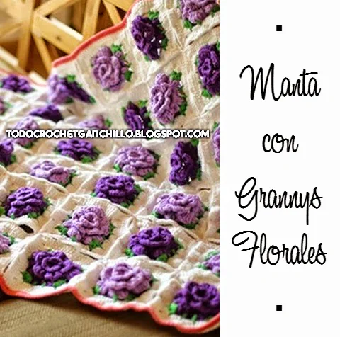 Manta con centro de flor crochet