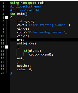 Example Program to Show even numbers form given range