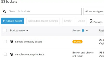 In the S3 console, underneath the Access column, what does the public badge next to the bucket name indicate? | APDaga