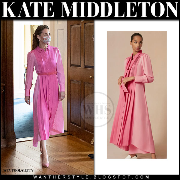 Kate Middleton in pink belted midi dress and pink pumps