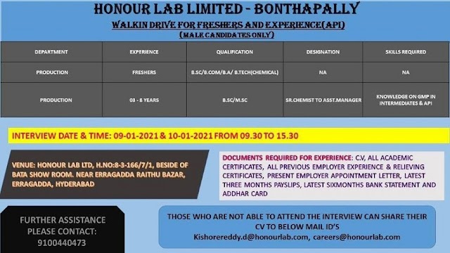 Honour Lab | Walk-in for Freshers and Experienced on 9&10th Jan 2021