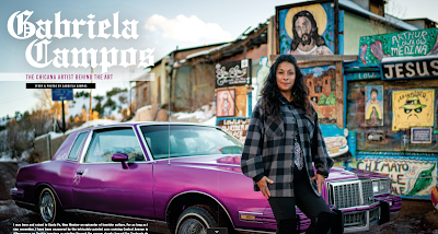 color screenshot from special digital edition of Lowrider Magazine shows a photograph of a woman in front of her custom lorwrider