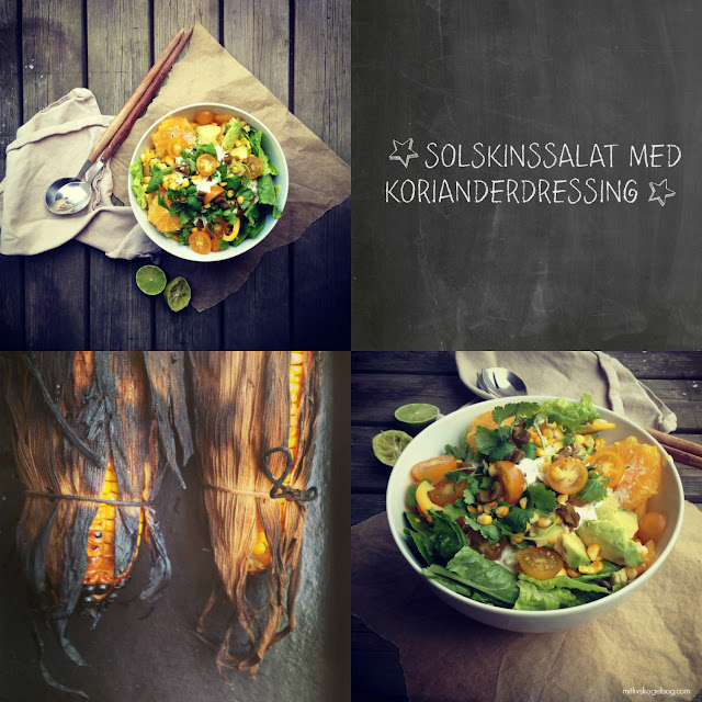 Solskinssalat med grillede majs, appelsin, jalapeno, avokado, tomat og korianderdressing - Mit livs kogebog