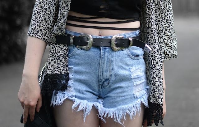 Sammi Jackson - Choies Kimono, Faux Suede Crop + Ripped Denim Shorts 