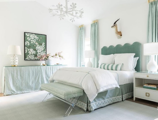 white wall with sage green bedding