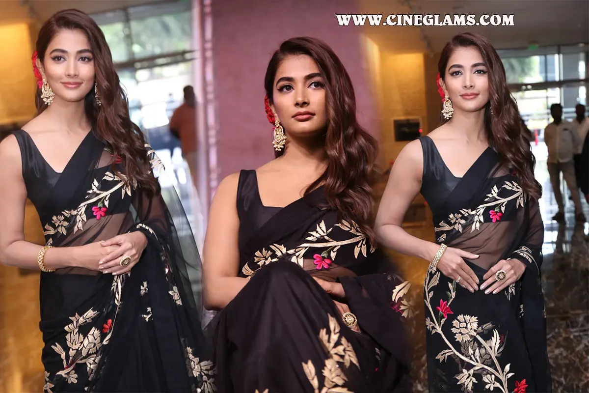 Pooja Hegde Saree Stills at Acharya Movie Press Meet