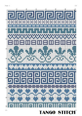Blue Greek ornaments cross stitch hand embroidery sampler - Tango Stitch