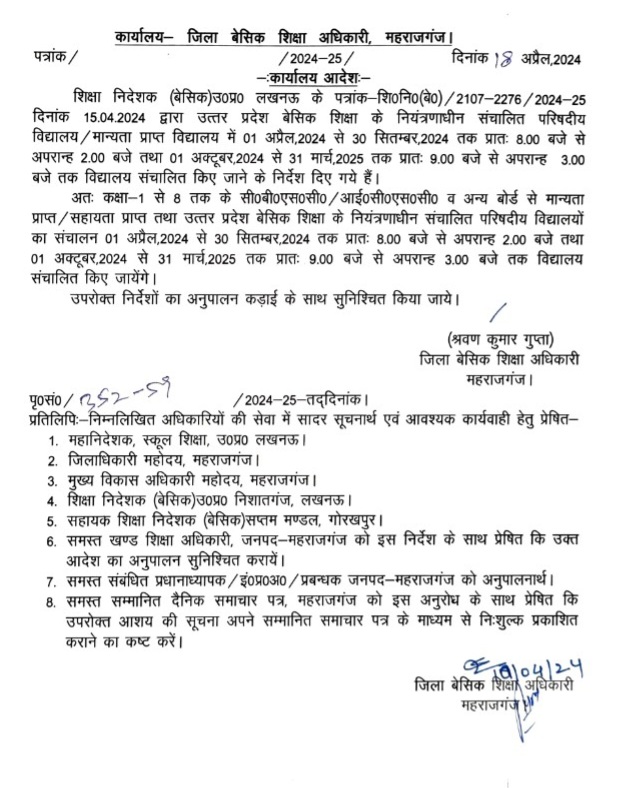 इस जिले में विद्यालयों का संचालन प्रातः 8.00 बजे से अपरान्ह 2.00 बजे तक किए जाने के सम्बन्ध में BSA का आदेश जारी